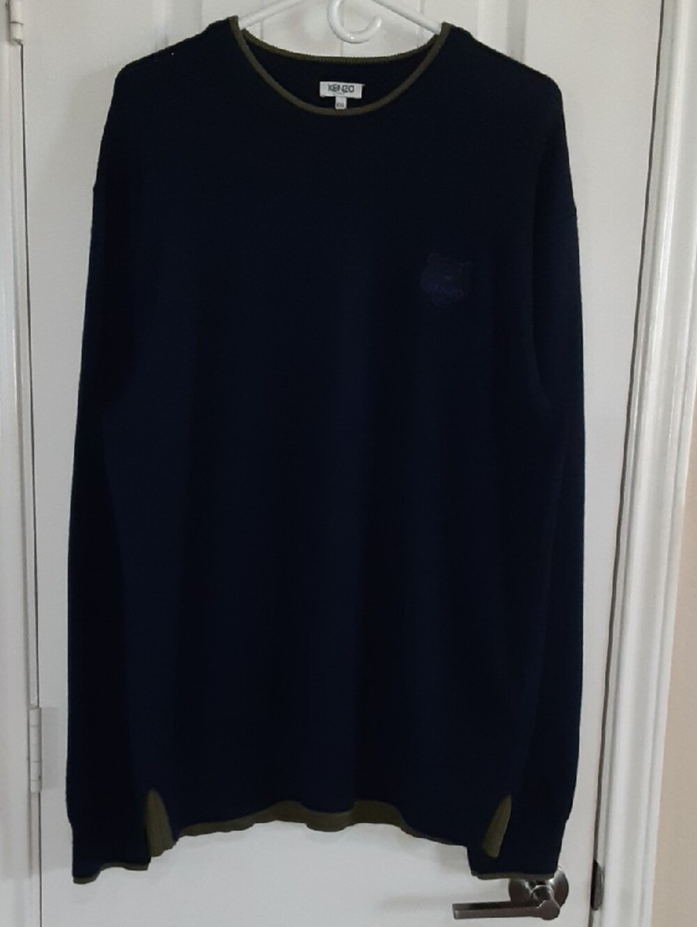 Kenzo Paris Midnight Navy Blue & Olive Wool Tiger Crest Crewneck Sweater XXL-EUC